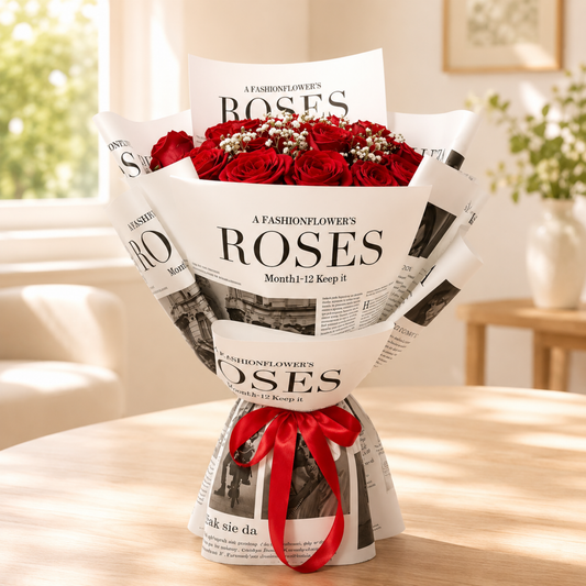 Bouquet of red roses wrapped in newspaper with a red ribbon.