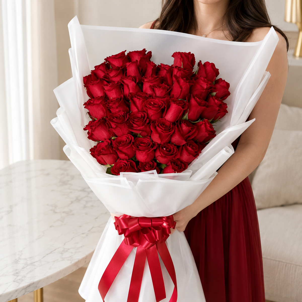 A large bouquet of red roses wrapped in white paper and tied with a red ribbon, online fresh flowers delivery Dubai