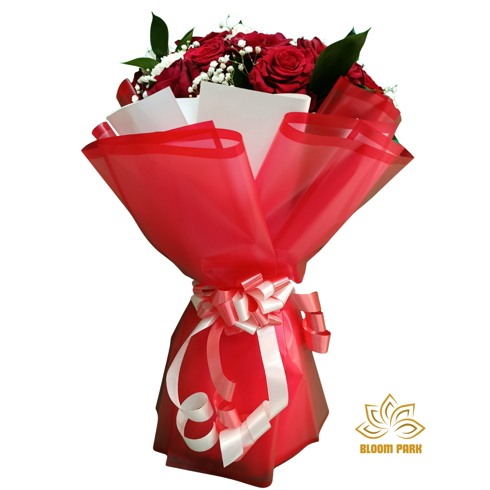 Bouquet of red roses wrapped in red paper with a white ribbon delivery available same day.