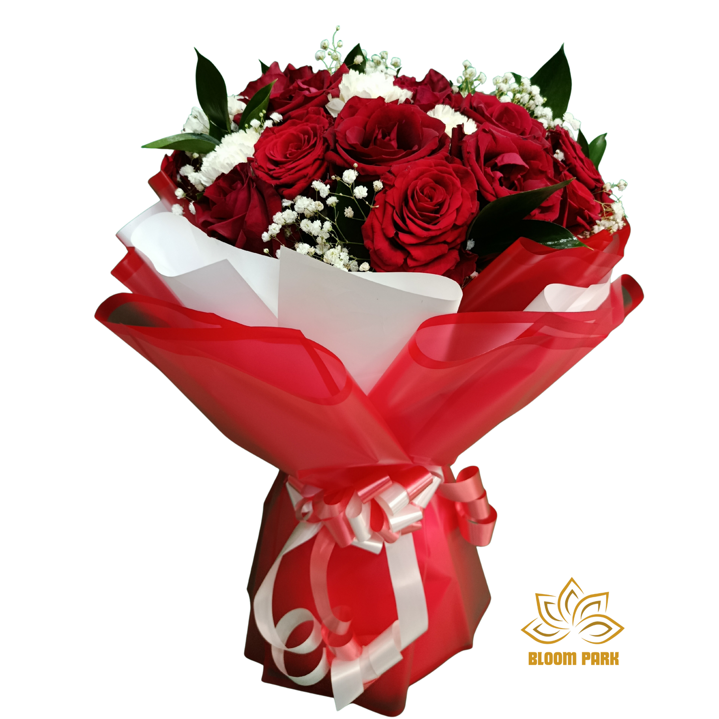 Bouquet of red roses with white accents wrapped in red paper, for occasions like anniversary, birthday, special surprise.