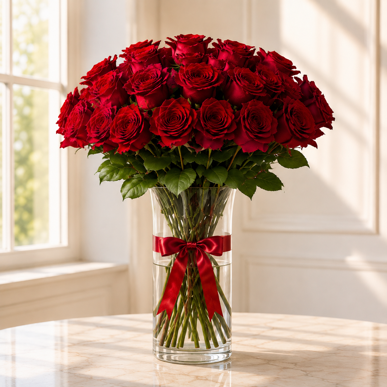 Bouquet of red roses in a clear vase with a red ribbon on a light wooden surface. same day delivery available Dubai, flowers Dubai.