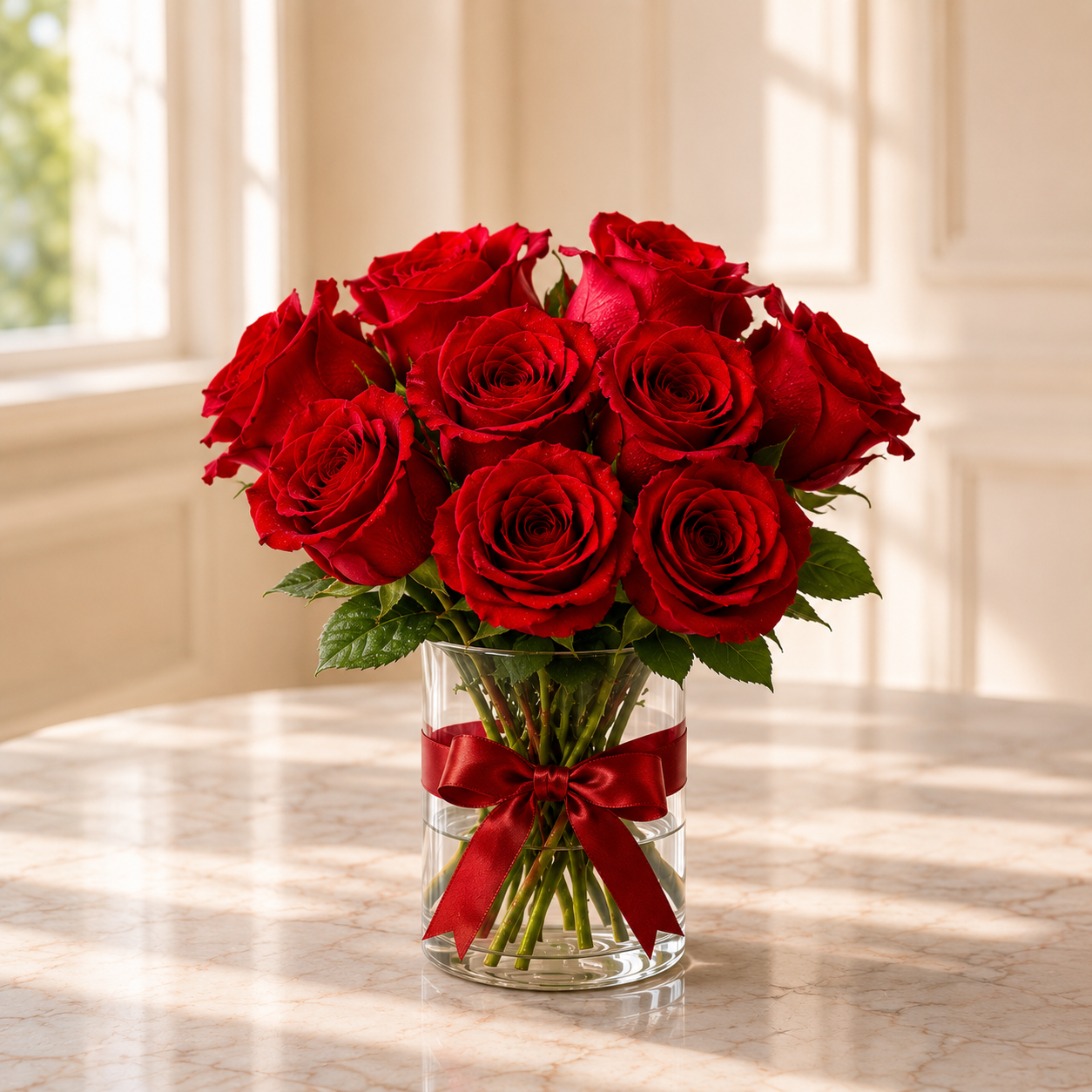 Red roses in a clear vase with a red ribbon compatible for 