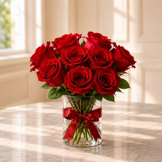 Red roses in a clear vase with a red ribbon compatible for 
