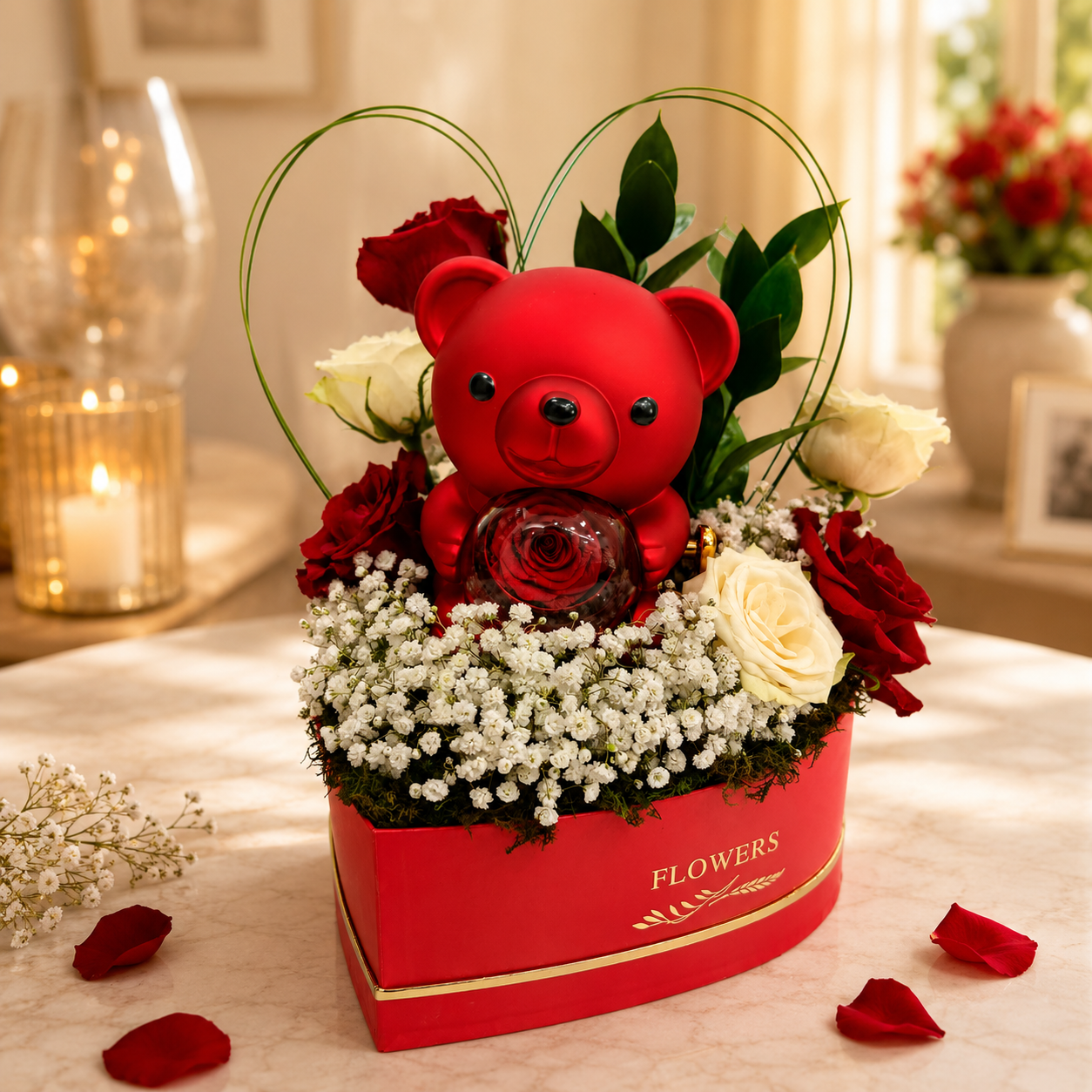 Red teddy bear in a flower arrangement with roses and baby's breath in a decorative box.