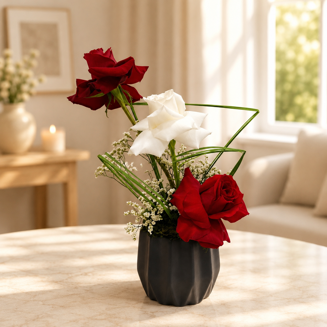 red and white rose arrangement for table flowers Dubai