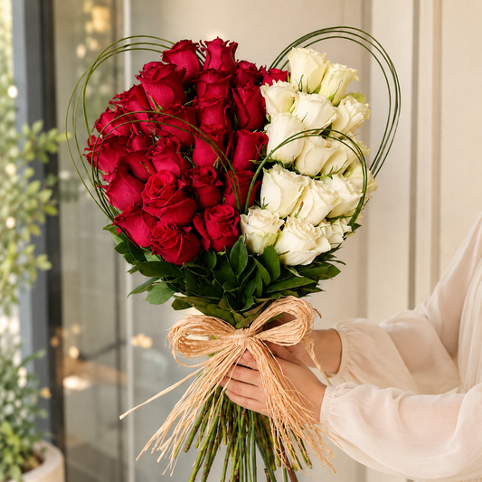 A heart-shaped rose bouquet. The bouquet is decorated with green leafy stems and wire arches, online flowers delivery all over UAE.