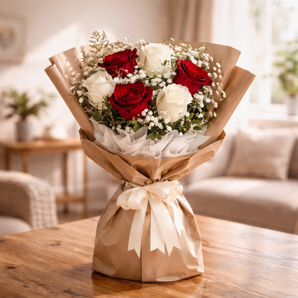 Elegant red and white rose bouquet same day delivery dubai 