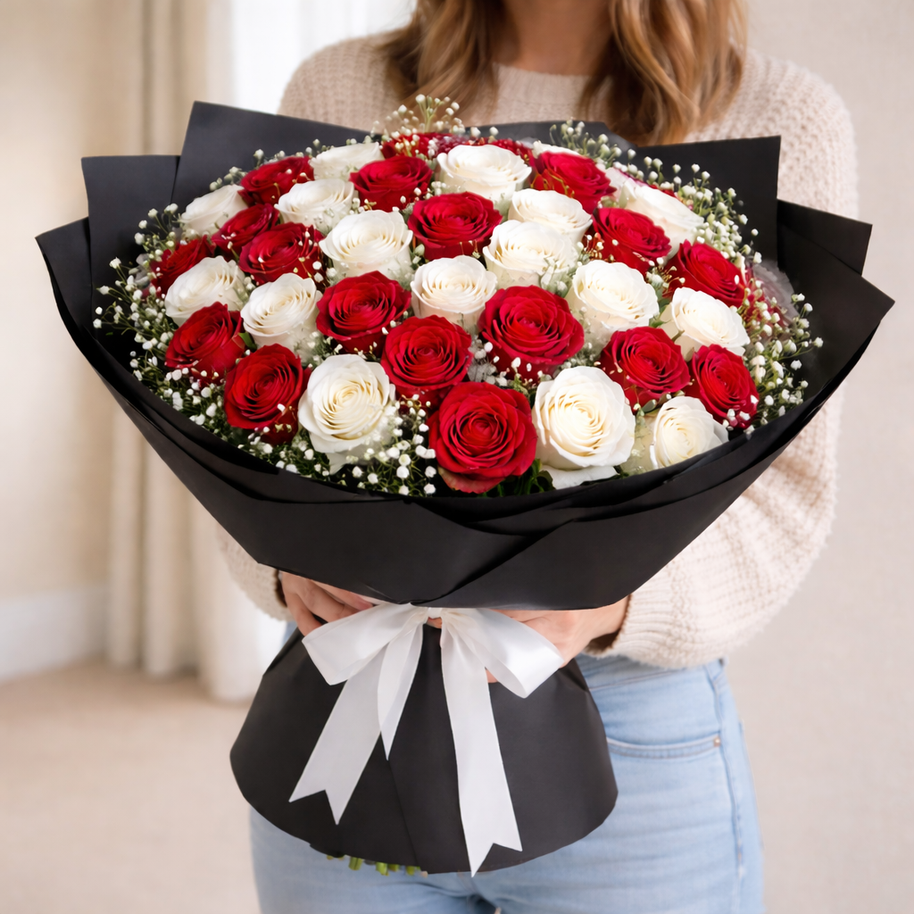 Red and White Roses Bouquet Delivery in Dubai – Same Day