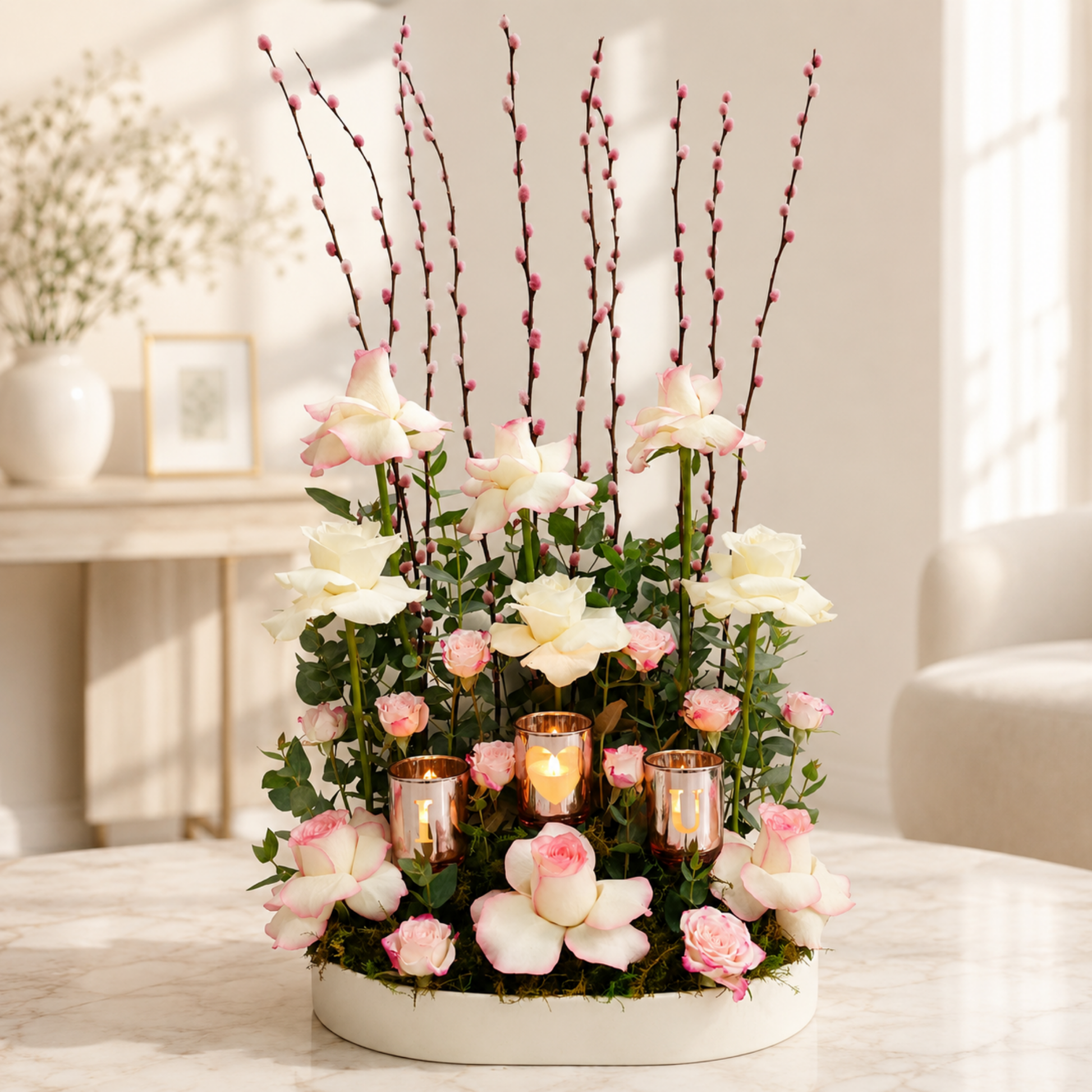 Floral arrangement with candles in a decorative tray, online flowers delivery Dubai