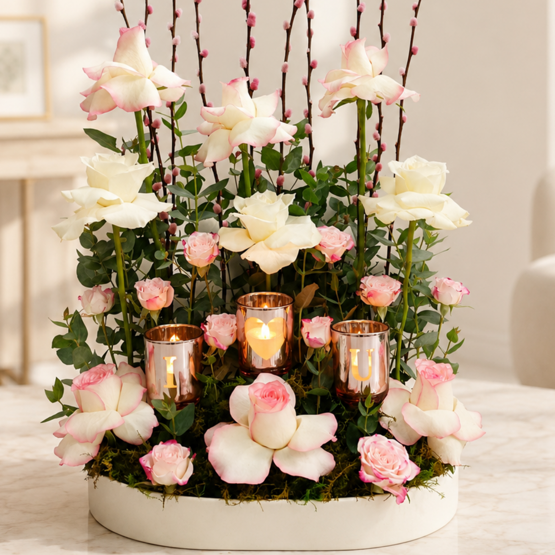 Decorative arrangement with pink and white flowers and candles in a white container.