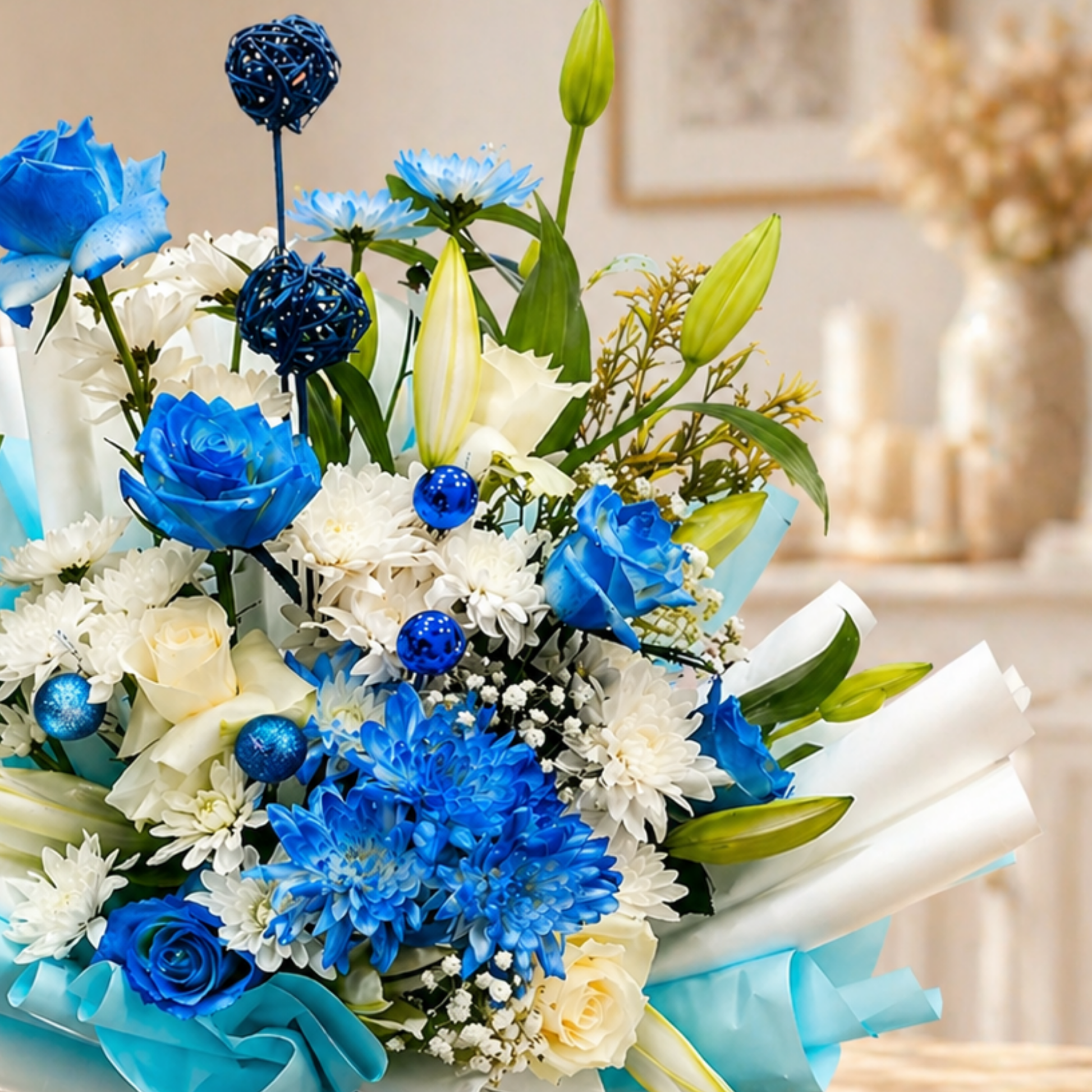 Blue and white luxury rose bouquet with cream accents UAE flowers delivery Dubai
