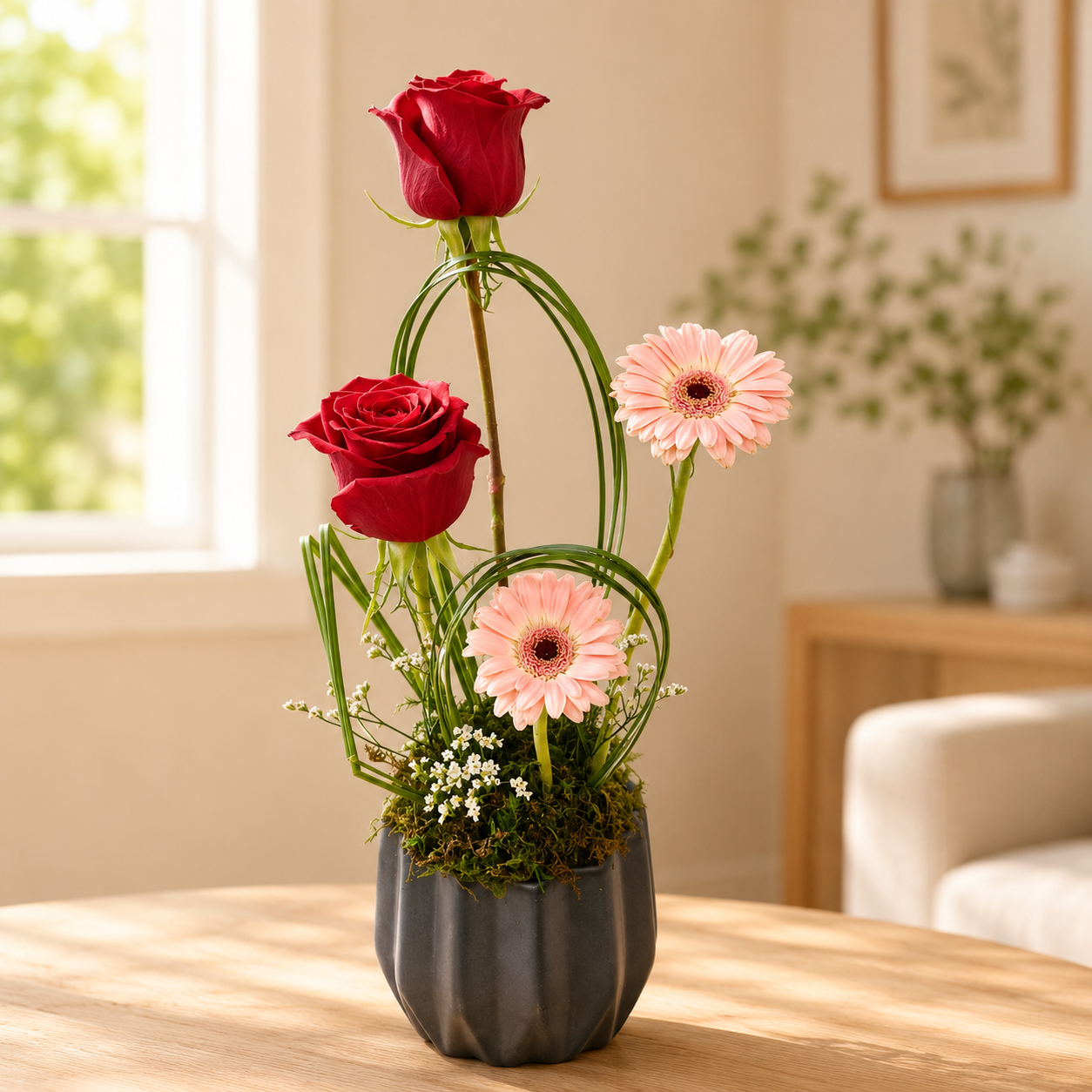 Floral arrangement with red roses and pink gerberas, delivery Dubai
