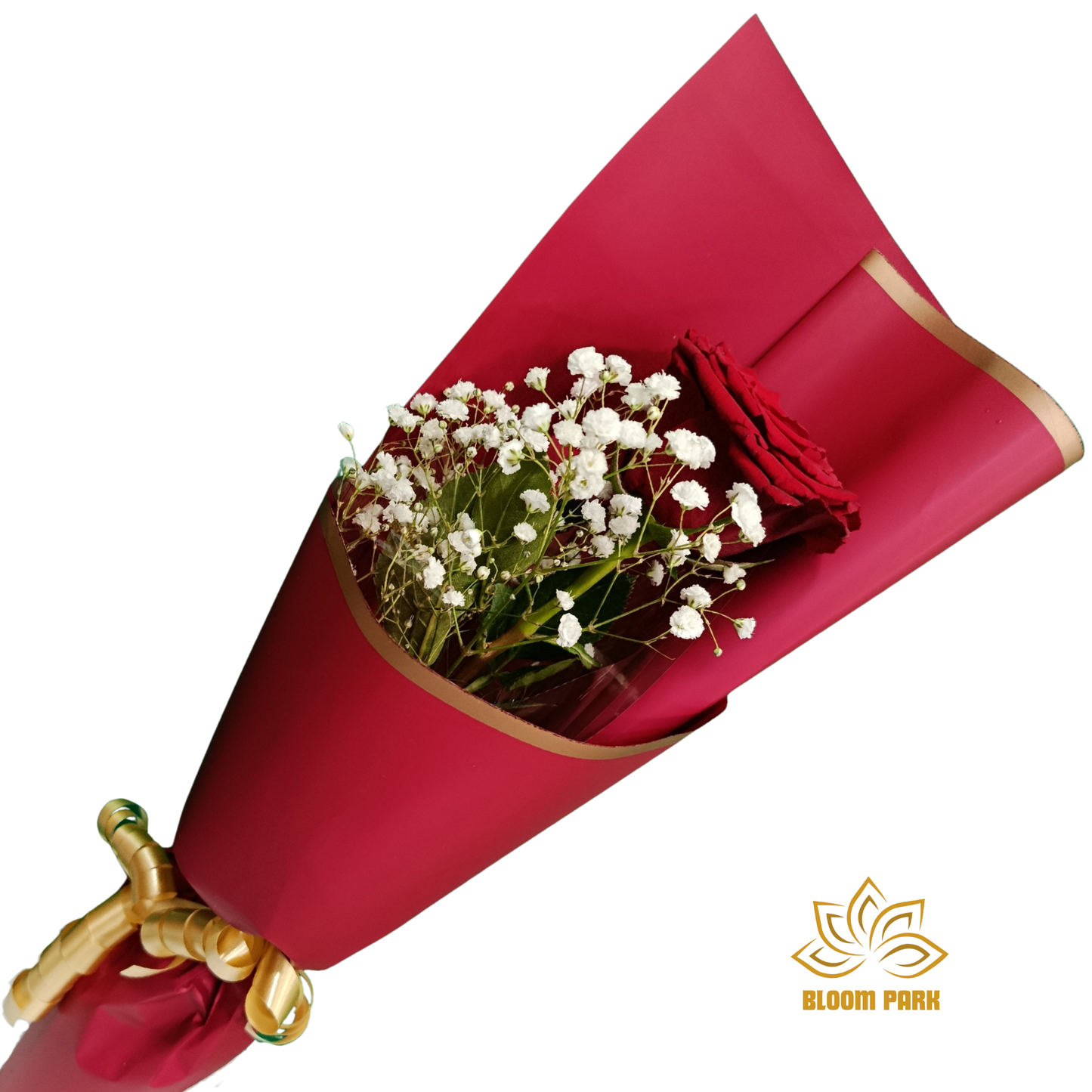 Bouquet of red roses and white flowers wrapped in red paper with gold accents, affordable flower bouquet. delivery Dubai same day available, delivery across uae
