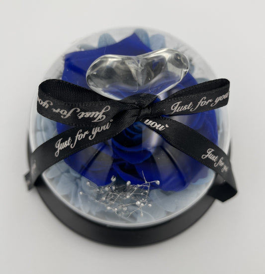 Blue rose with silver heart and 'Just for you' ribbon in clear glass dome