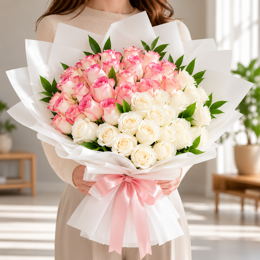 Bouquet of pink and white roses, fresh roses delivery UAE, Dubai, Abu Dhabi, Sharjah, for occasions like birthday, anniversary, special surprises.