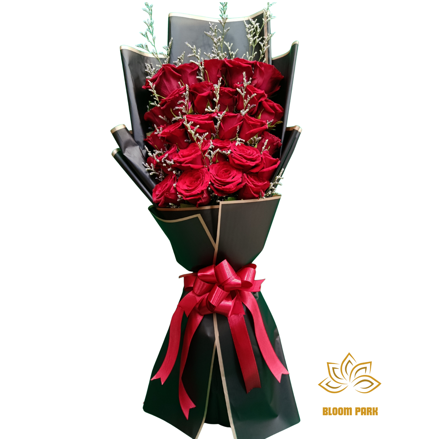 Bouquet of red roses wrapped in black paper with a red ribbon, flower shop in Deira, red rose delivery Dubai
