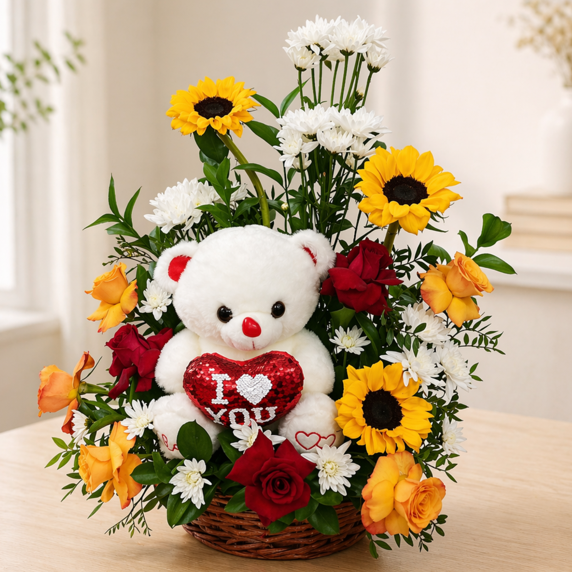 White teddy bear with a red heart surrounded by sunflowers, roses, and white flowers in a woven gift basket.