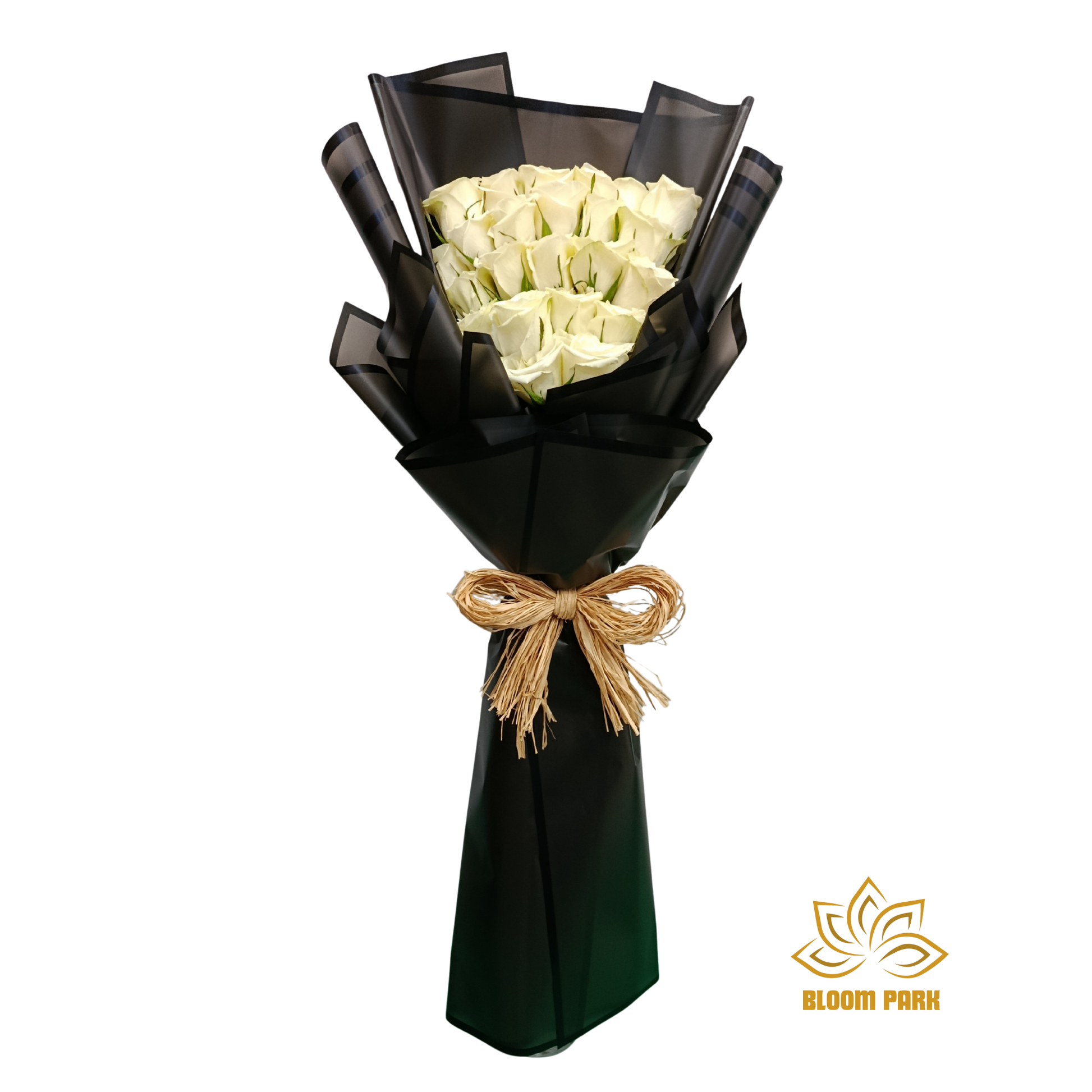 Bouquet of white roses wrapped in black paper 