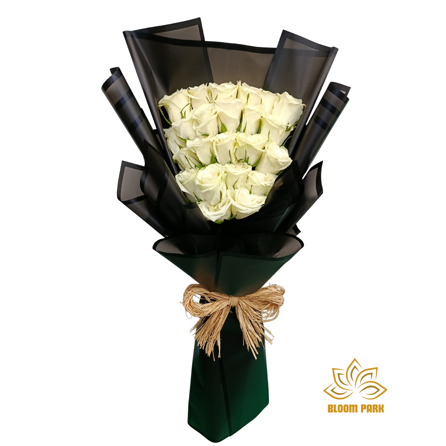 Bouquet of white roses wrapped in black paper with a decorative bow, fresh white flowers, delivery Dubai