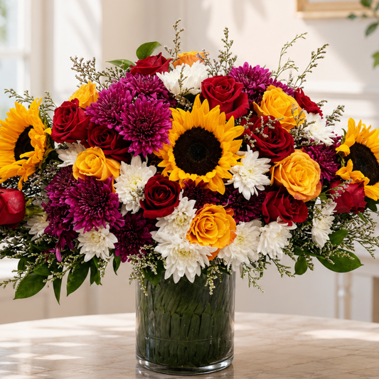 Colorful flower arrangement with sunflowers, roses, and daisies in a clear vase, fresh flower delivery dubai.