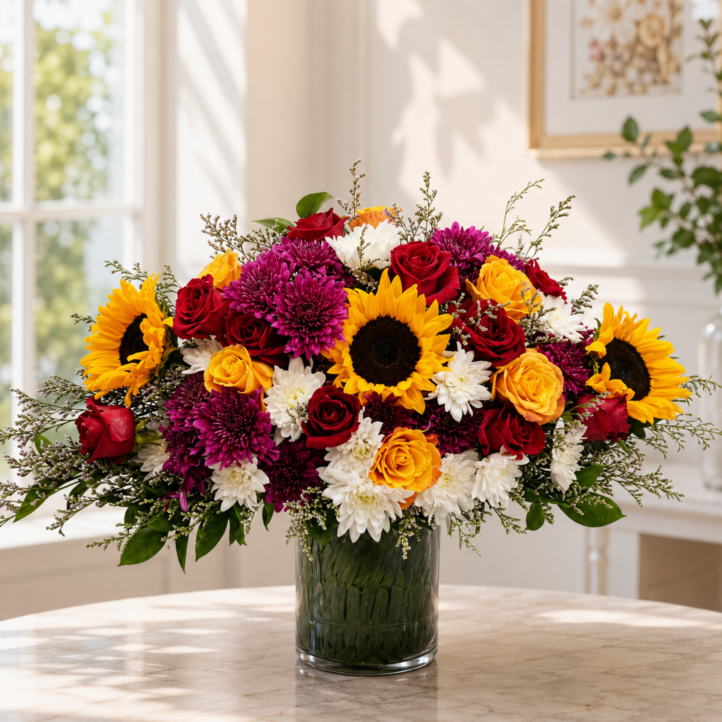 Colorful flower arrangement with sunflowers, roses, and mixed flowers in a vase, Dubai flowers delivery, online flowers.