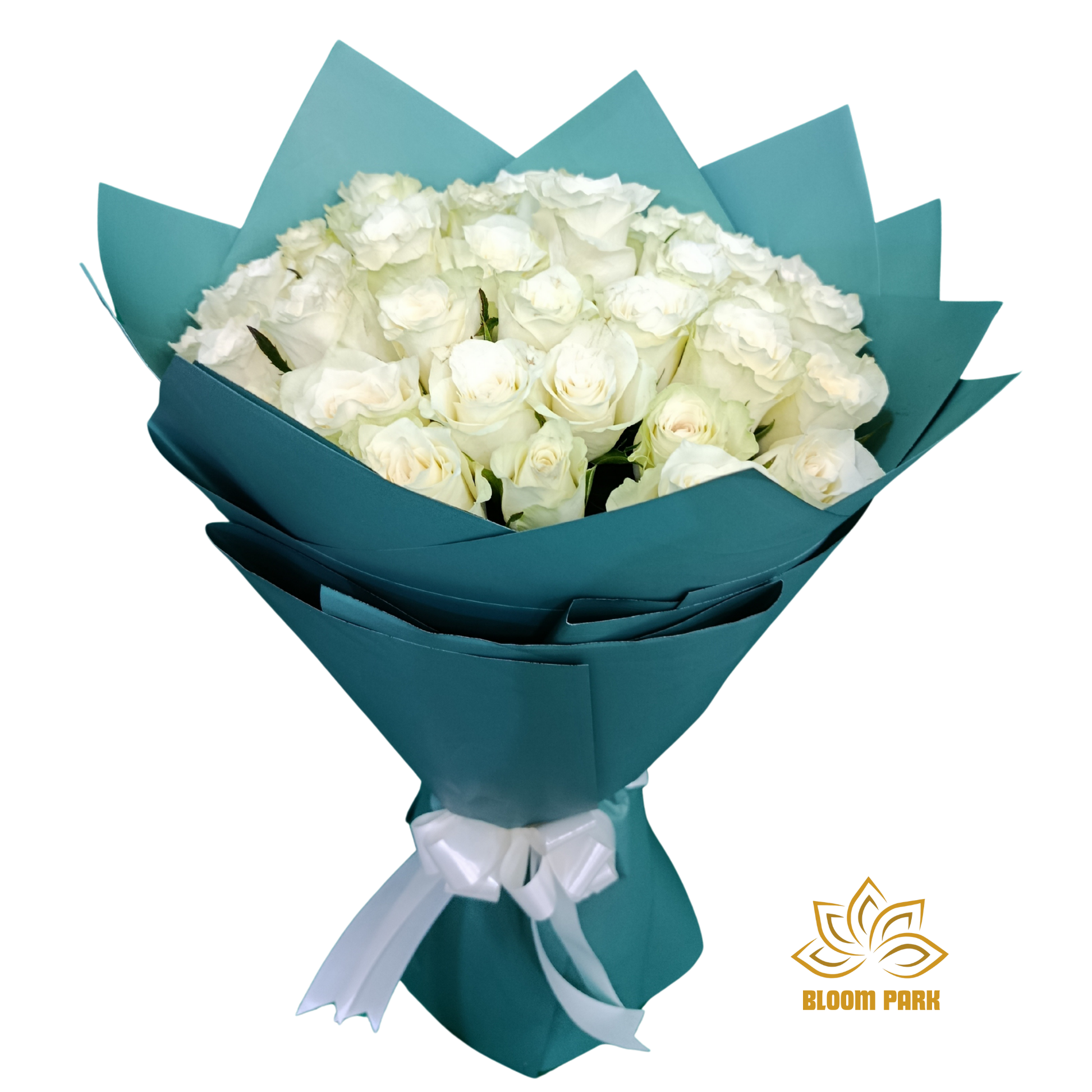 Bouquet of white roses wrapped in teal paper fresh flowers delivery Dubai