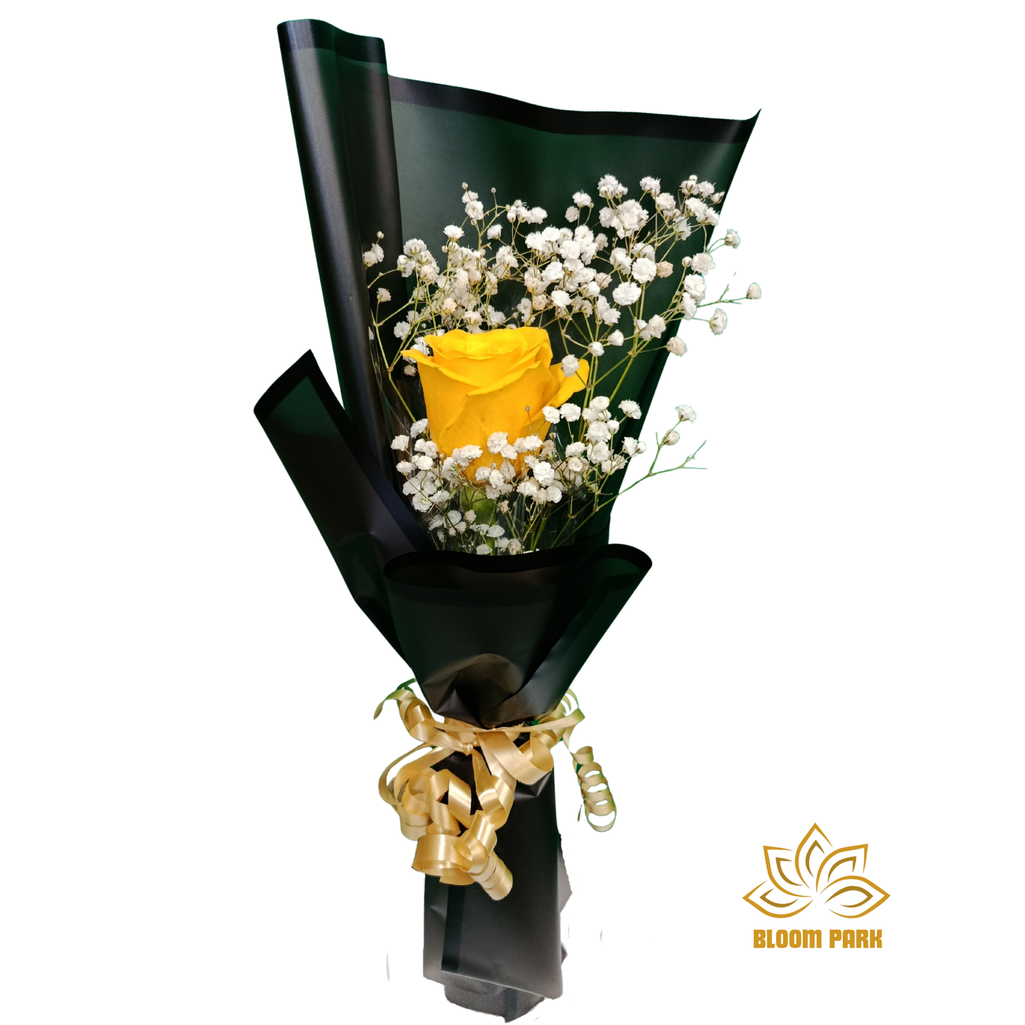 Bouquet with a yellow rose and baby's breath wrapped in black paper, affordable flower bouquet